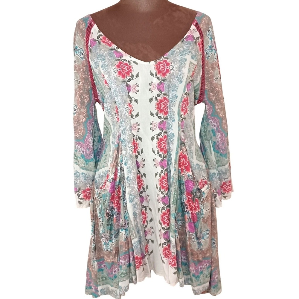 En Creme Women Sz M Floral Paisley‎ Boho Tunic Dress V-Neck Crochet Trim Peasant